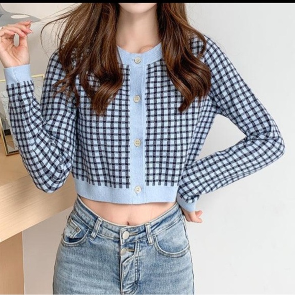 Maple Chic Blue Checkered Women's Cardigan